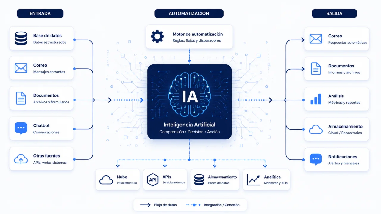 Flujo de automatización con inteligencia artificial conectando herramientas de marketing y CRM mediante nodos