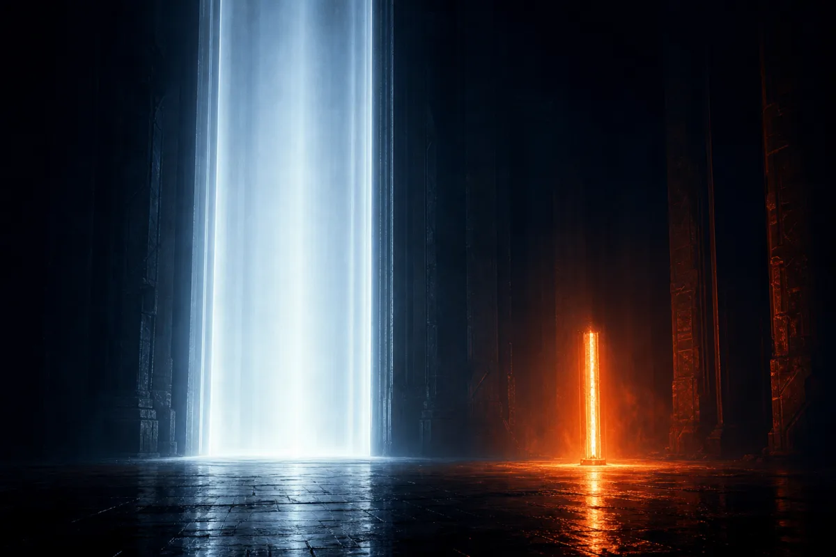 Una masa oscura enorme en primer plano tapando casi por completo una puerta pequeña iluminada al fondo