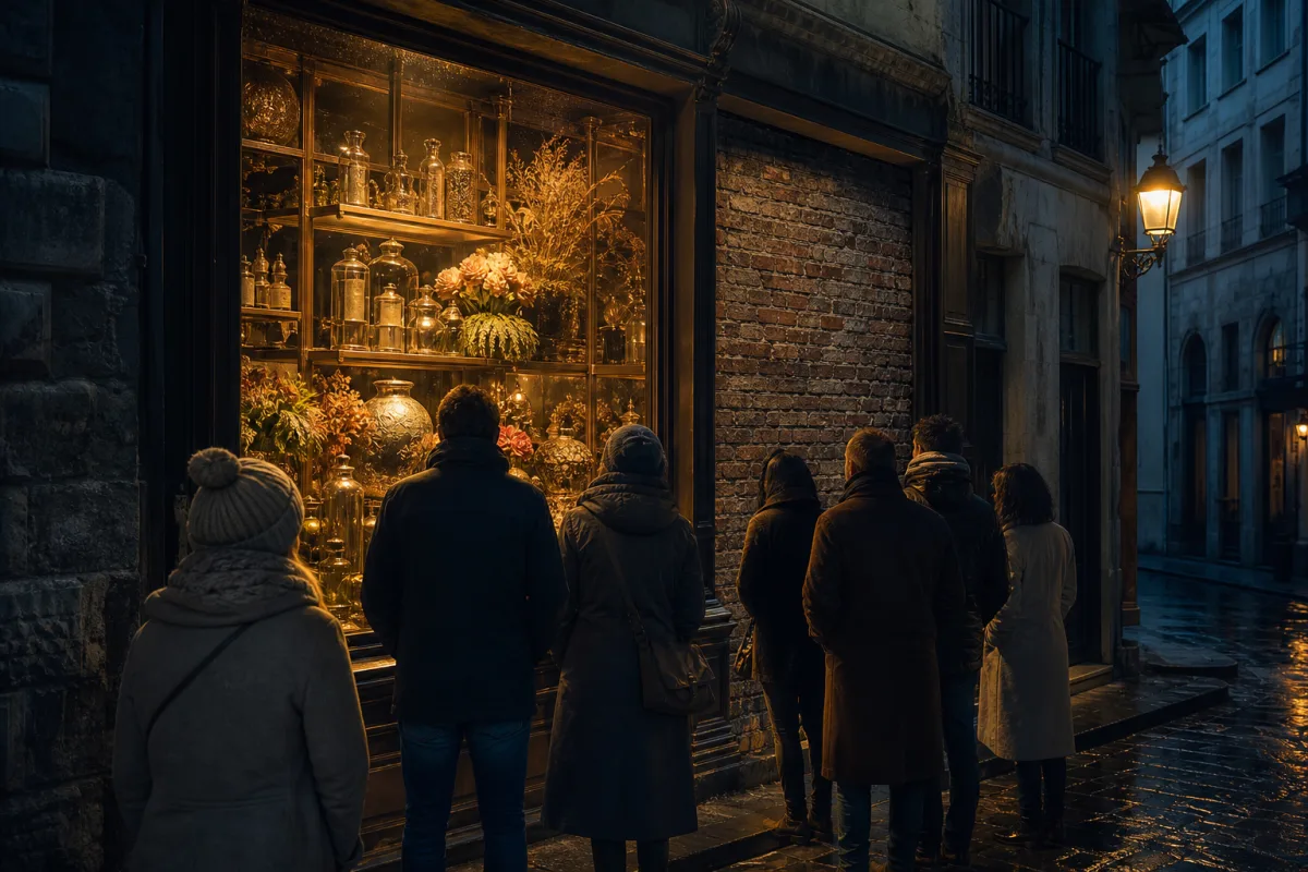 Gente admirando un escaparate iluminado junto a un muro de ladrillo donde debería estar la puerta de la tienda