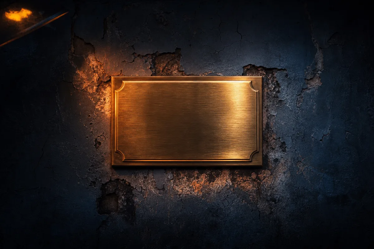 Placa de latón impecable colgada en una pared que se pudre a su alrededor