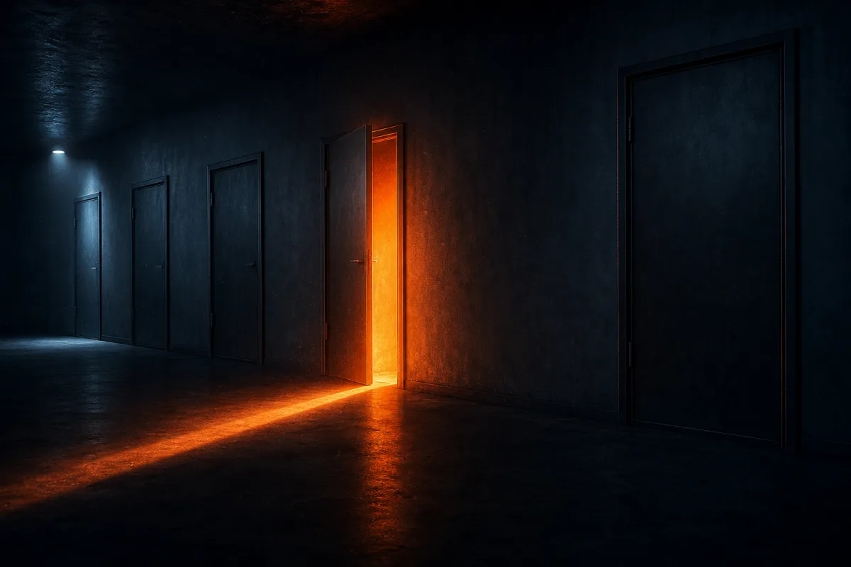 Cinco puertas idénticas en un corredor oscuro y solo una entreabierta dejando salir luz